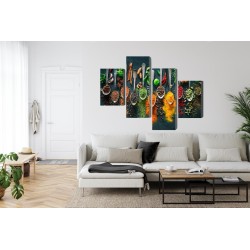 Mehrteiliges Bild Kräuter Und Gewürze Auf Löffeln