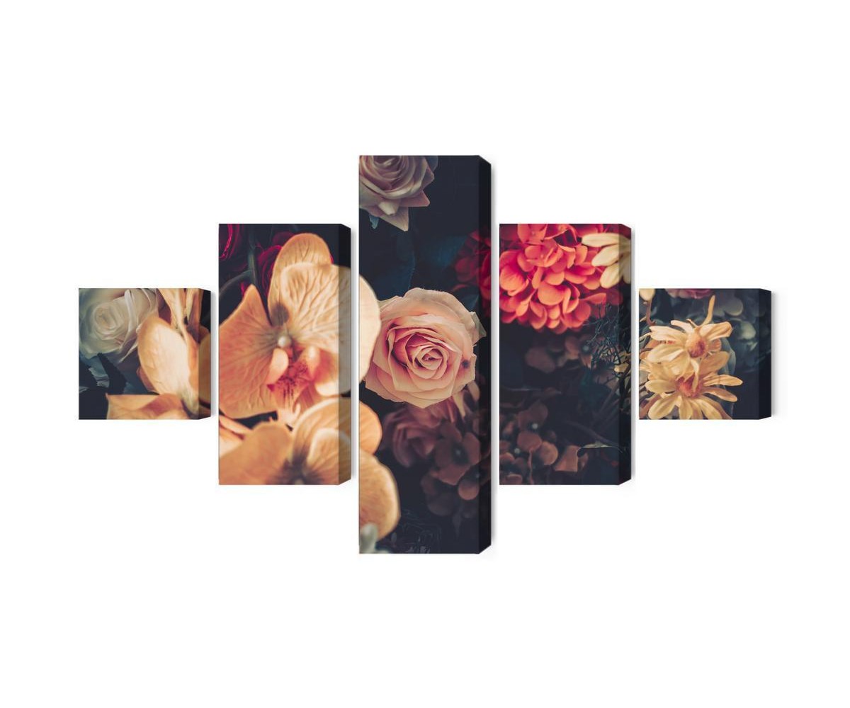 Mehrteiliges Bild Mehrfarbige Blumen Im Vintage-Stil