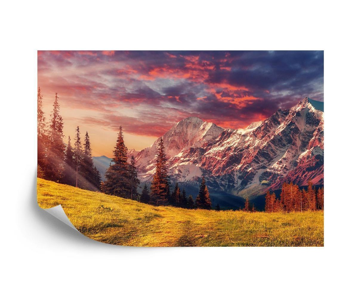 Fototapete Awesome Alpine Highlands In Sunny Day. Scenic Image Of Fairy-Tale Landscape With Colorful Sky Under Sunlit  O