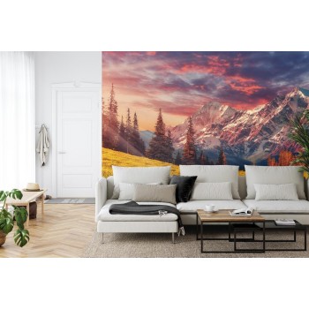 Fototapete Awesome Alpine Highlands In Sunny Day. Scenic Image Of Fairy-Tale Landscape With Colorful Sky Under Sunlit  O