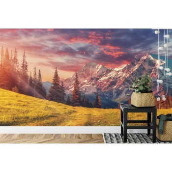 Fototapete Awesome Alpine Highlands In Sunny Day. Scenic Image Of Fairy-Tale Landscape With Colorful Sky Under Sunlit  O