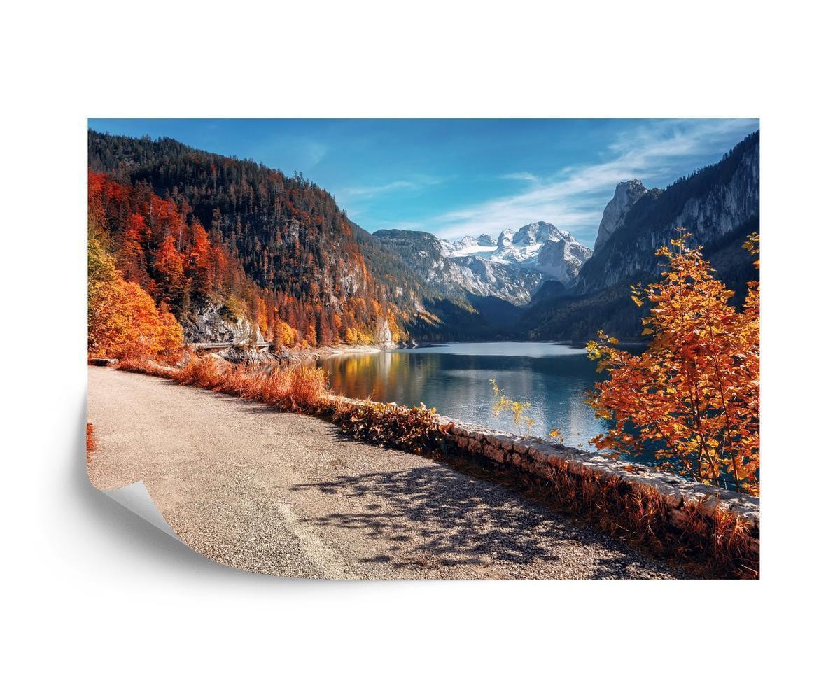 Fototapete Beautiful Landscape Mountain Forest Lake. Amazing Autumn View Of Grundlsee Alpine Lake. Great Autumn Backgrou