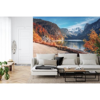 Fototapete Beautiful Landscape Mountain Forest Lake. Amazing Autumn View Of Grundlsee Alpine Lake. Great Autumn Backgrou