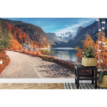 Fototapete Beautiful Landscape Mountain Forest Lake. Amazing Autumn View Of Grundlsee Alpine Lake. Great Autumn Backgrou