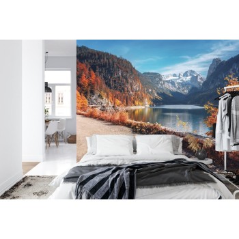 Fototapete Beautiful Landscape Mountain Forest Lake. Amazing Autumn View Of Grundlsee Alpine Lake. Great Autumn Backgrou