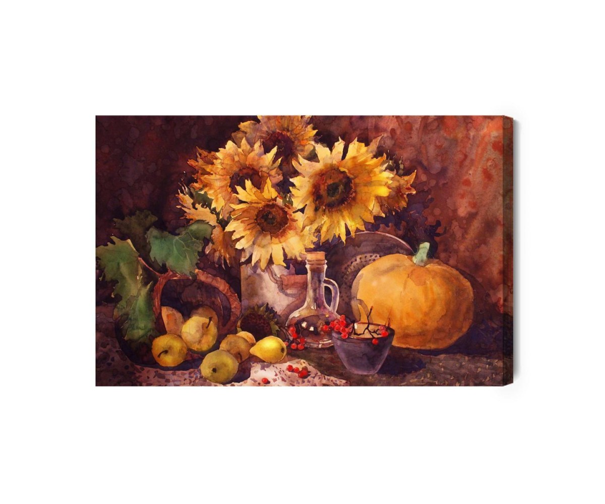 Leinwandbild Stillleben Mit Sonnenblumen Und Früchten