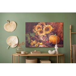 Leinwandbild Stillleben Mit Sonnenblumen Und Früchten