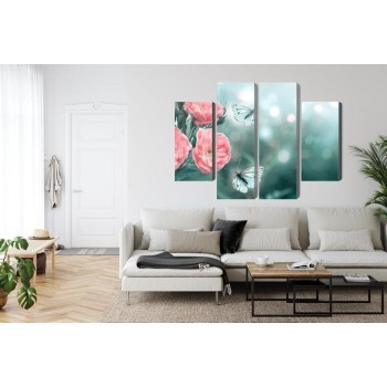 Mehrteiliges Bild Zarte Blumen Und 3D-Schmetterlinge