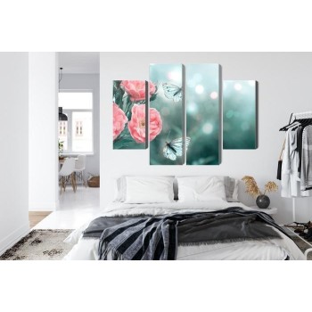 Mehrteiliges Bild Zarte Blumen Und 3D-Schmetterlinge