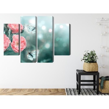 Mehrteiliges Bild Zarte Blumen Und 3D-Schmetterlinge